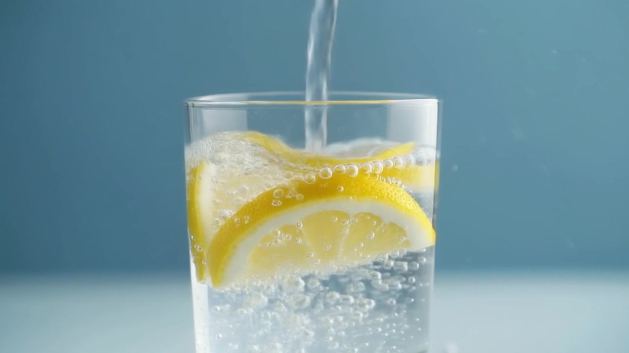 Sparkling Water Being Poured into a Glass with Lemon Slices