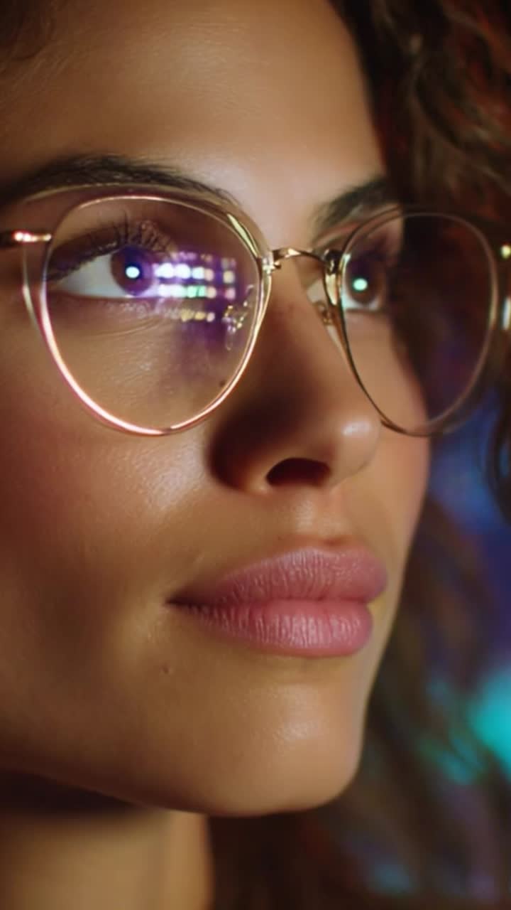 Close-up Portrait of a Young Woman with Stylish Glasses Reflecting Light Patterns, Capturing the Intricacies of Her Facial Features and Expressions in Detail