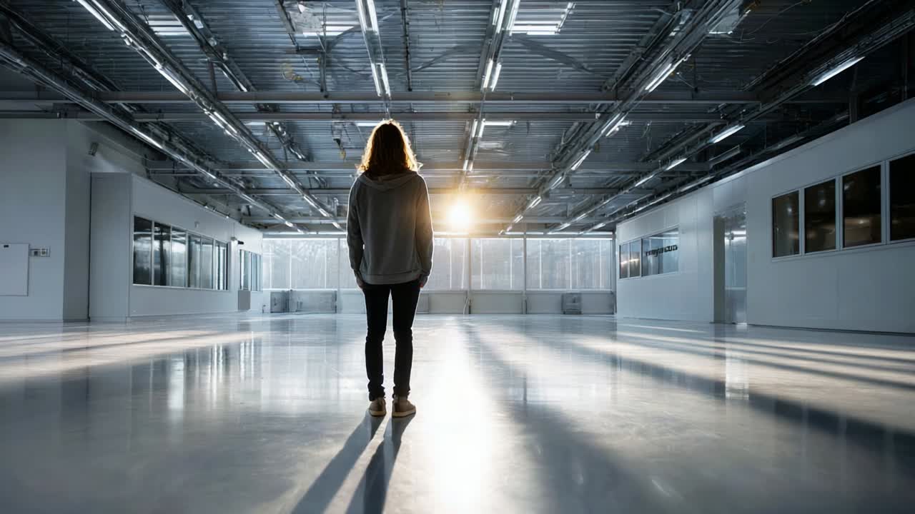 A solitary figure stands in a spacious, well-lit industrial area, capturing a moment of reflection as soft sunlight streams through large windows, illuminating the empty floor and surroundings