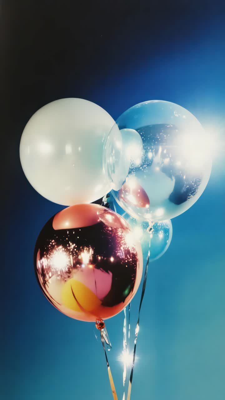 Vivaci palloncini fluttuano su uno sfondo blu, ripresi da una angolazione bassa