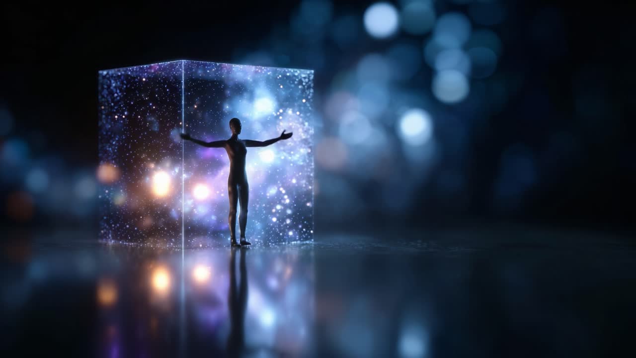 A figure stands inside a glowing cosmic cube, symbolizing exploration and the connection between reality and the vast universe beyond, inspiring wonder and imagination