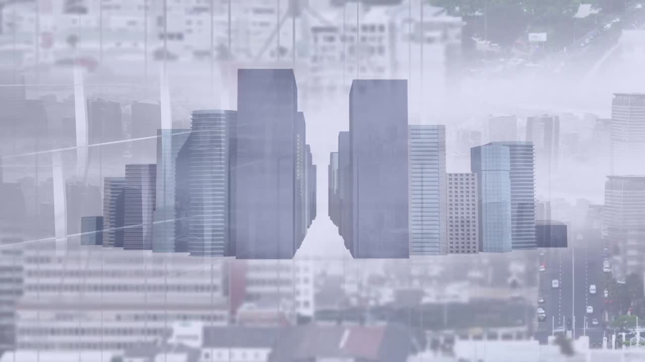 3dモデルの高層ビルのコンポジットビデオ 都市風景の空中写真