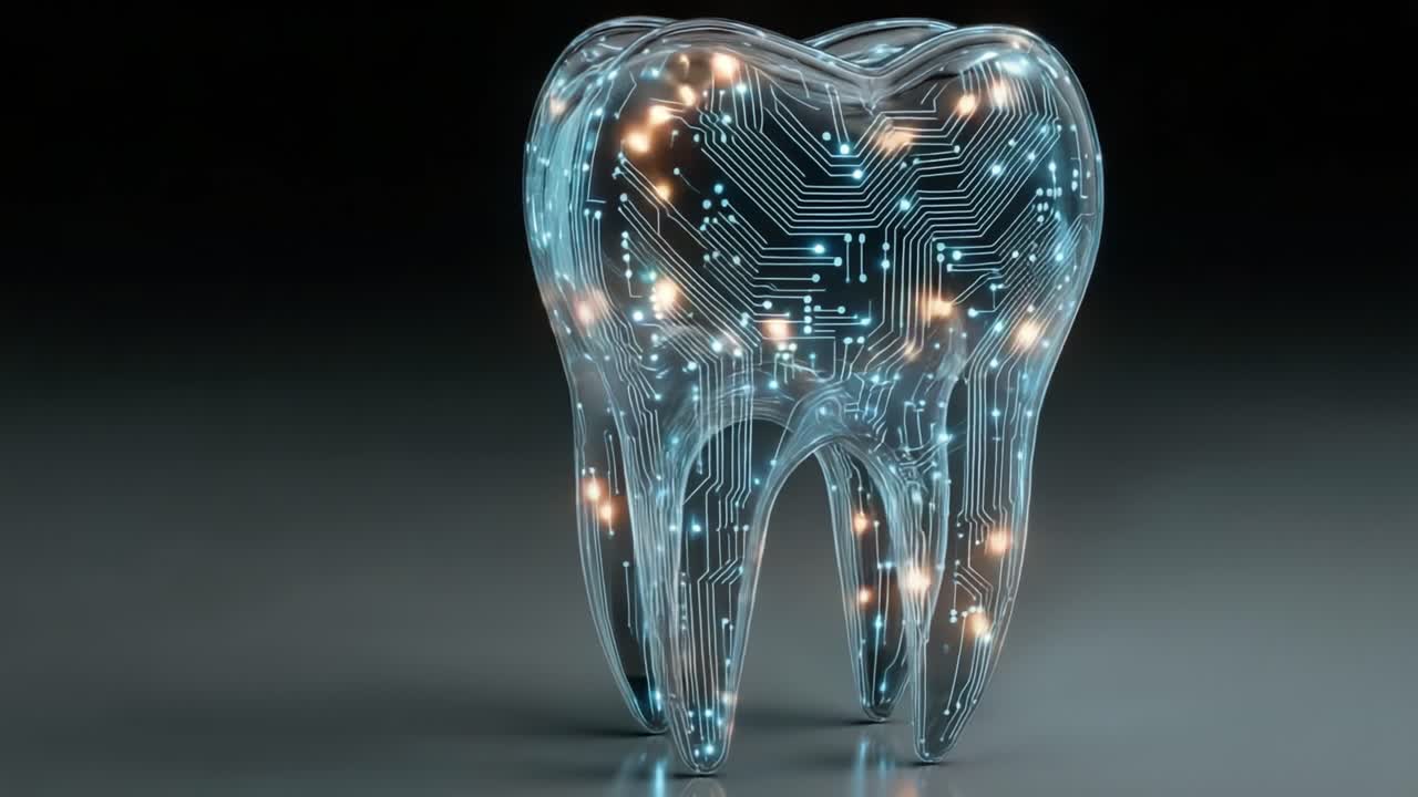 A Futuristic Concept of a Tooth: Blending Dental Health and Advanced Technology with a Digital Circuit Pattern Illuminating the Structure