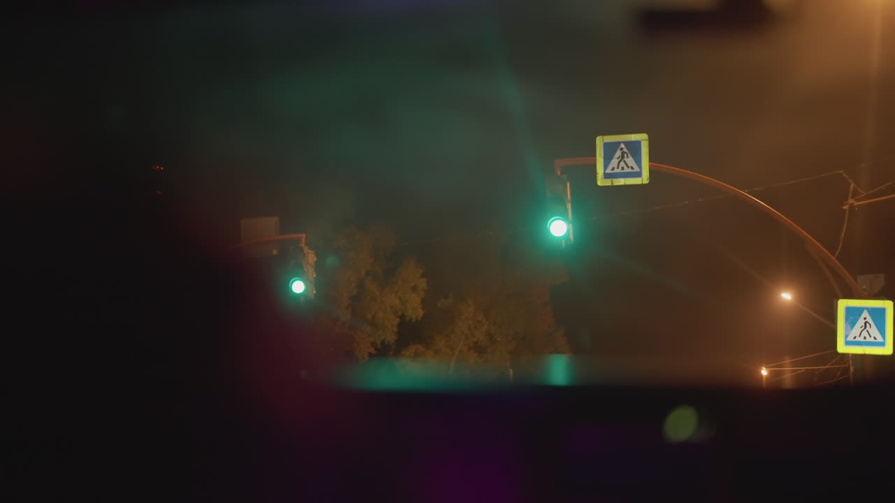 vista nocturna del conductor: los semáforos cambian de rojo a verde en una intersección con niebla; reflejos del parabrisas sobre el asfalto mojado; señales de peatones y farolas borrosas; ambiente de trayecto lento y prudente