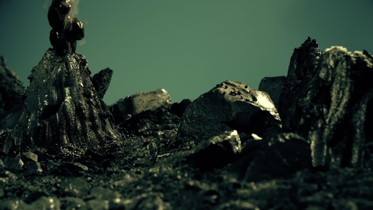 la escena cautivadora presenta rocas y piedras texturizadas que descansan en el suelo, bañadas en un suave resplandor verdoso, e imbuidas de talento artístico.