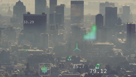 animation of eco icons and financial data processing over cityscape