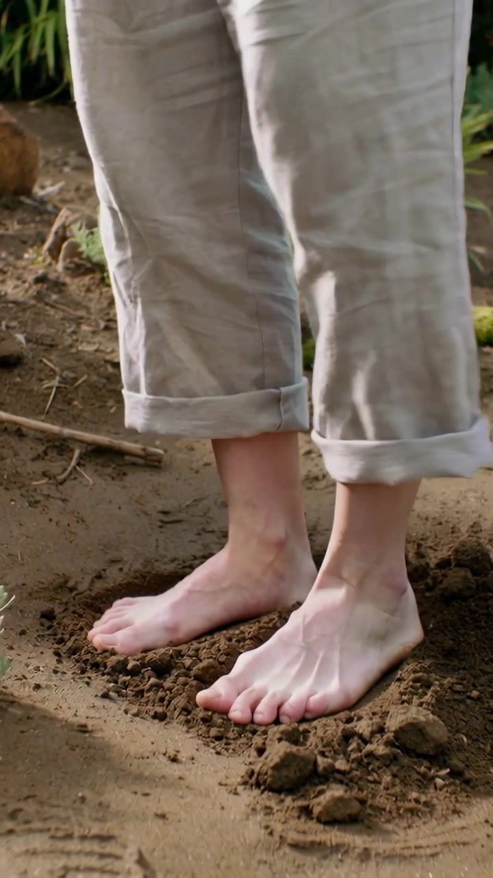 Vertical video: Shifting weight moving bare feet with rolled cuffs pressing soil at garden testing