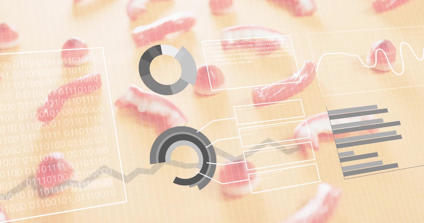 분홍색 새우로 시작하여, 원형 차트가 사라지고 그래프가 나타나며, 링이 애니메이션되고 상자가 데이터를 시각화함