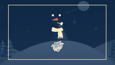 animation of merry christmas text and snowman over night landscape