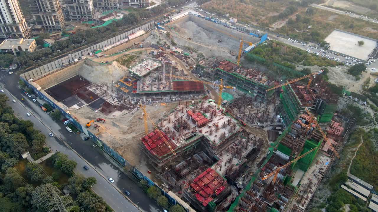 Aerial drone shot capturing a massive construction site in Noida India