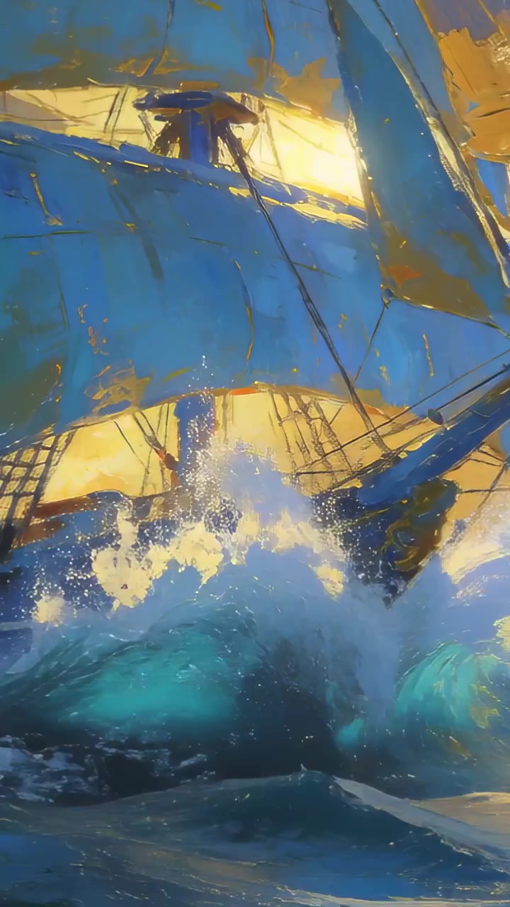 Video verticale: Nave a vela blu che fende le onde nell'oceano aperto, il vento gonfia le vele sotto un sole basso
