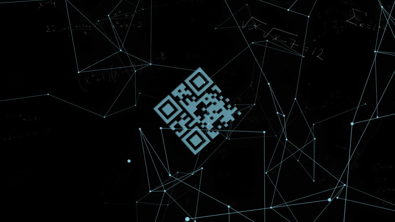 animación de la red de conexiones sobre ecuaciones matemáticas con código qr en fondo negro