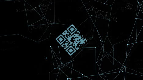 Animation-Eines-Netzwerks-Von-Verbindungen-über-Mathematischen-Gleichungen-Mit-QR-Code-Auf-Schwarzem-Hintergrund