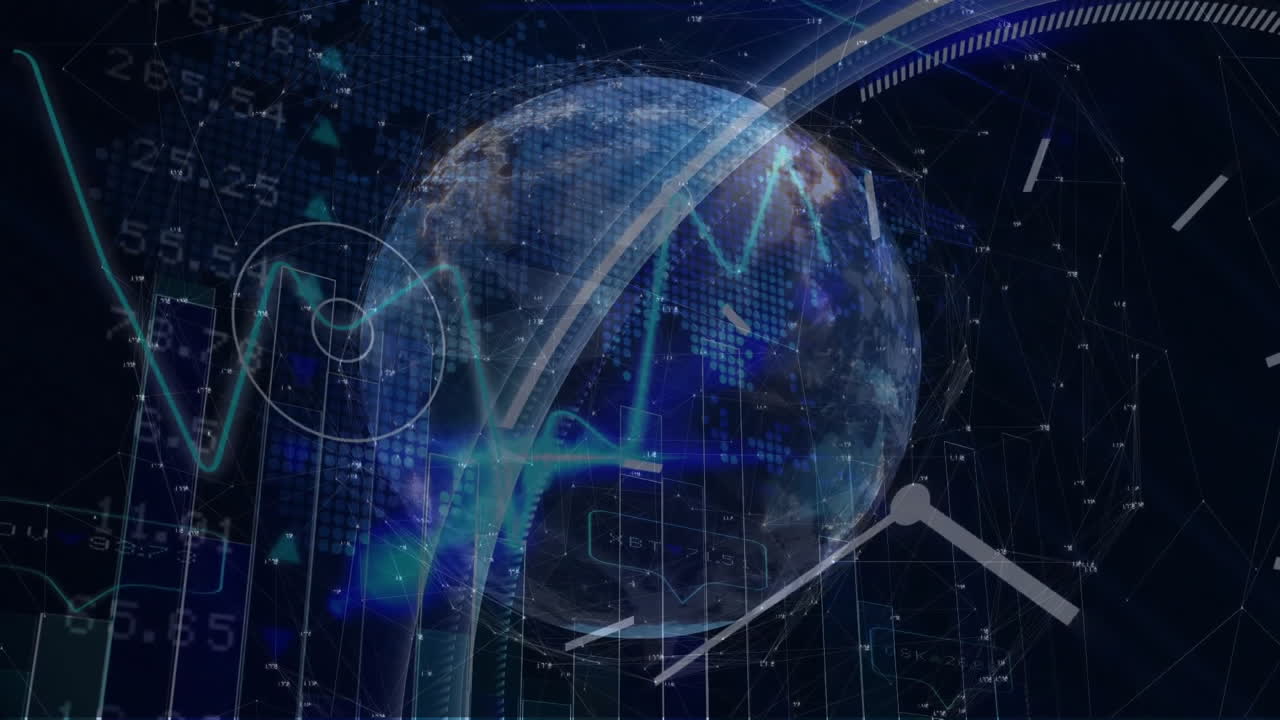 Digital globe with financial graphs and data processing animation overlay