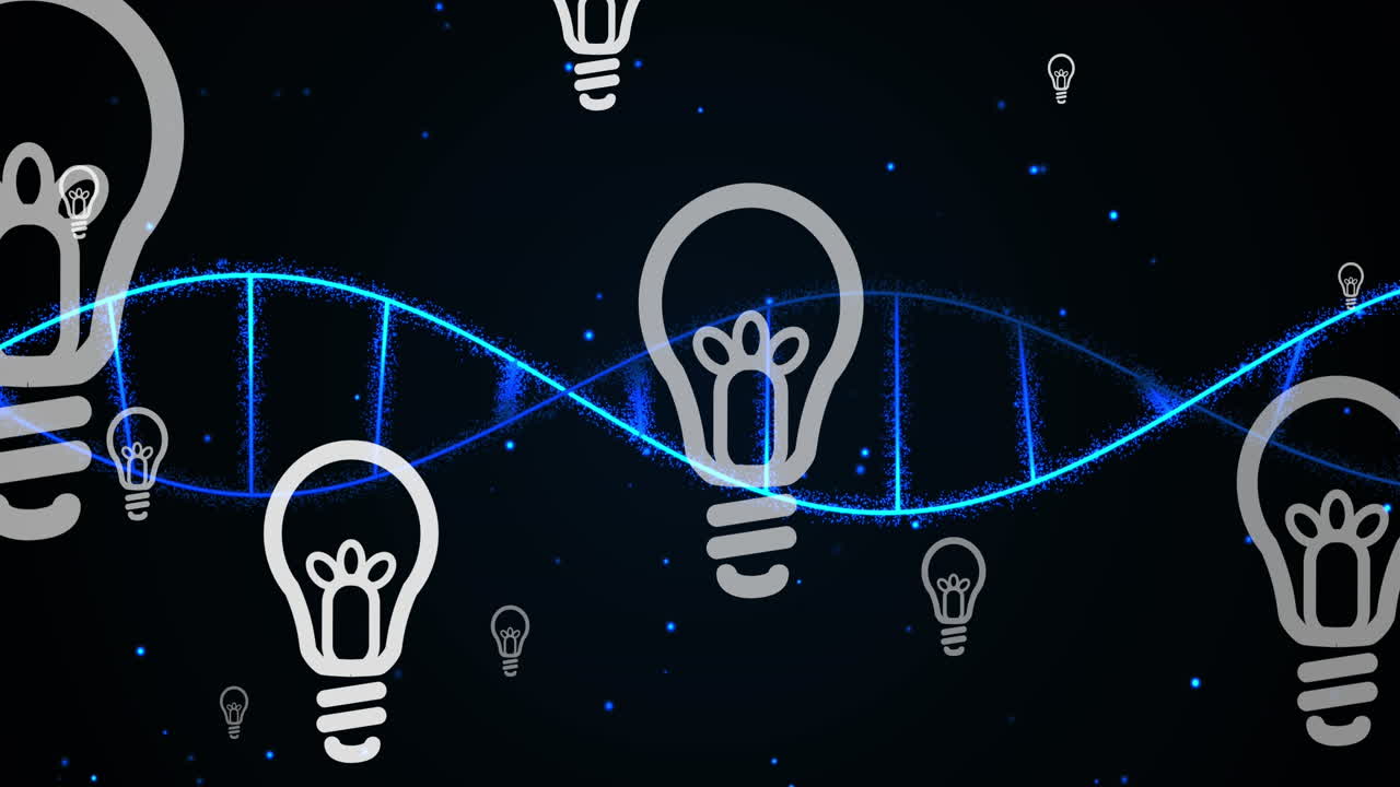 Animation of multiple bulb icons floating over spinning dna structure against black background
