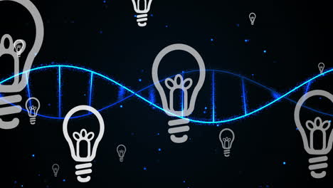 animation of multiple bulb icons floating over spinning dna structure against black background