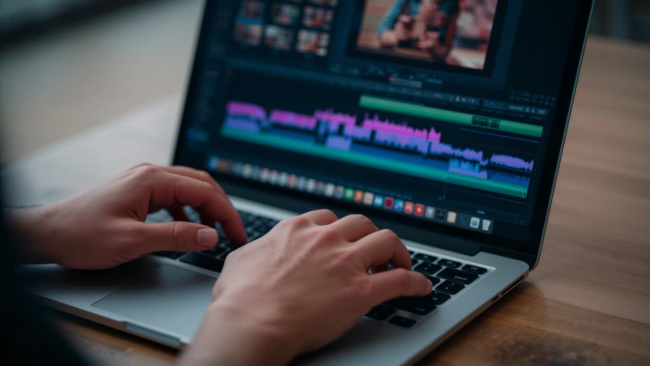 Pressing hands in dark sleeves starting scrubbing timeline at desk, editing clips on laptop