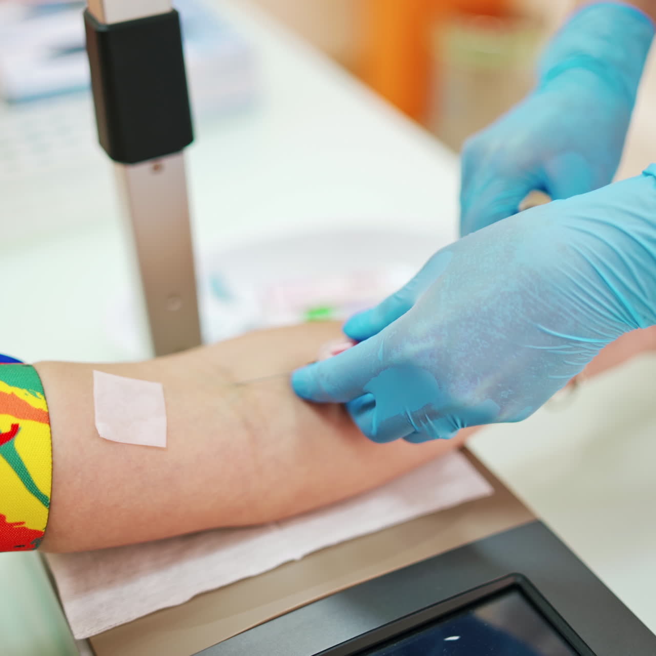 Medical assistant taking a blood sample from vein. Hands of doctor inject a syringe into a vein to a female patient. Close-up.