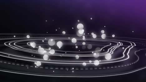 multiple white glowing spots of light moving with white lines on purple background