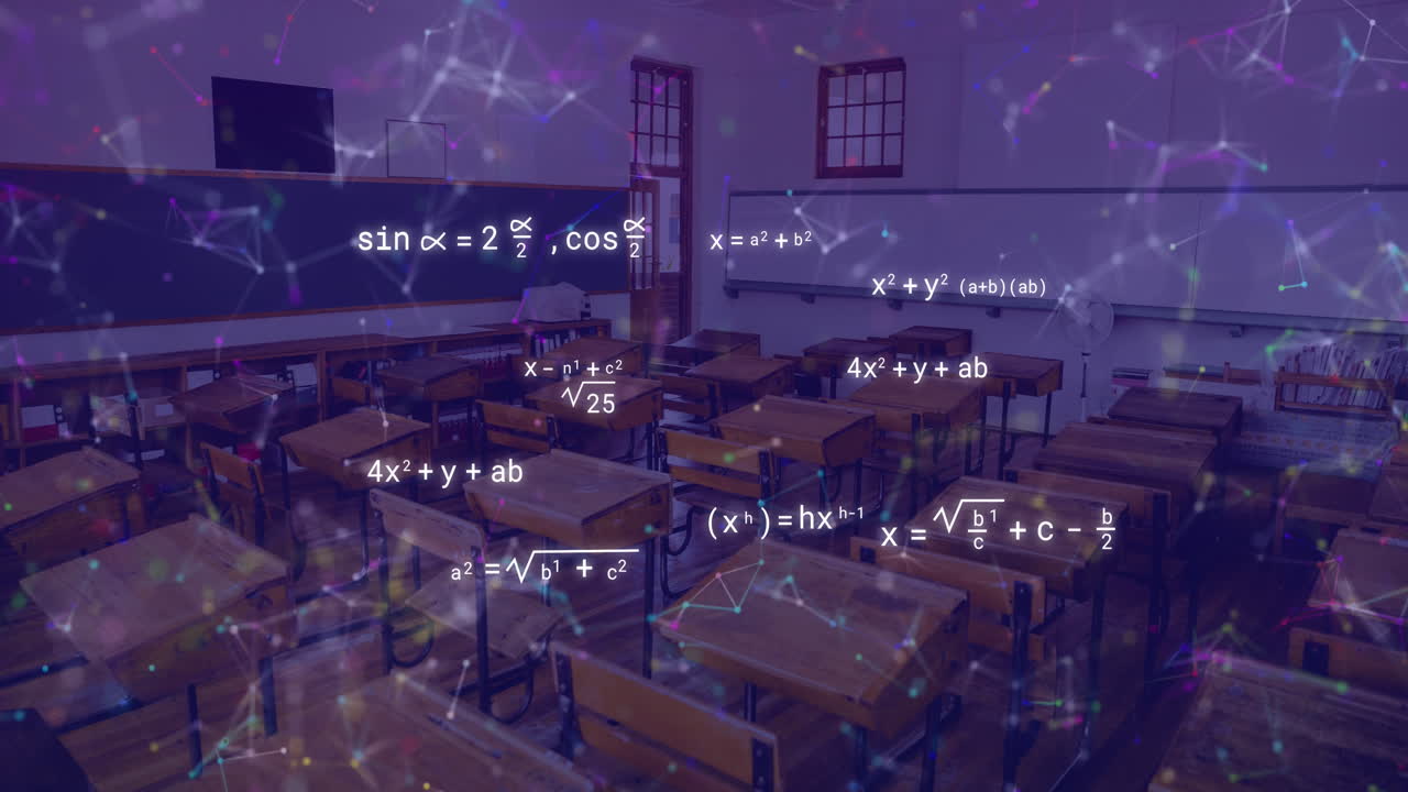 Animation of mathematical equations and network of connections over empty classroom