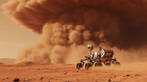 a robotic rover navigates through a martian sandstorm, maneuvering over the red planet's surface amidst dark clouds of dust and debris rising in the sky