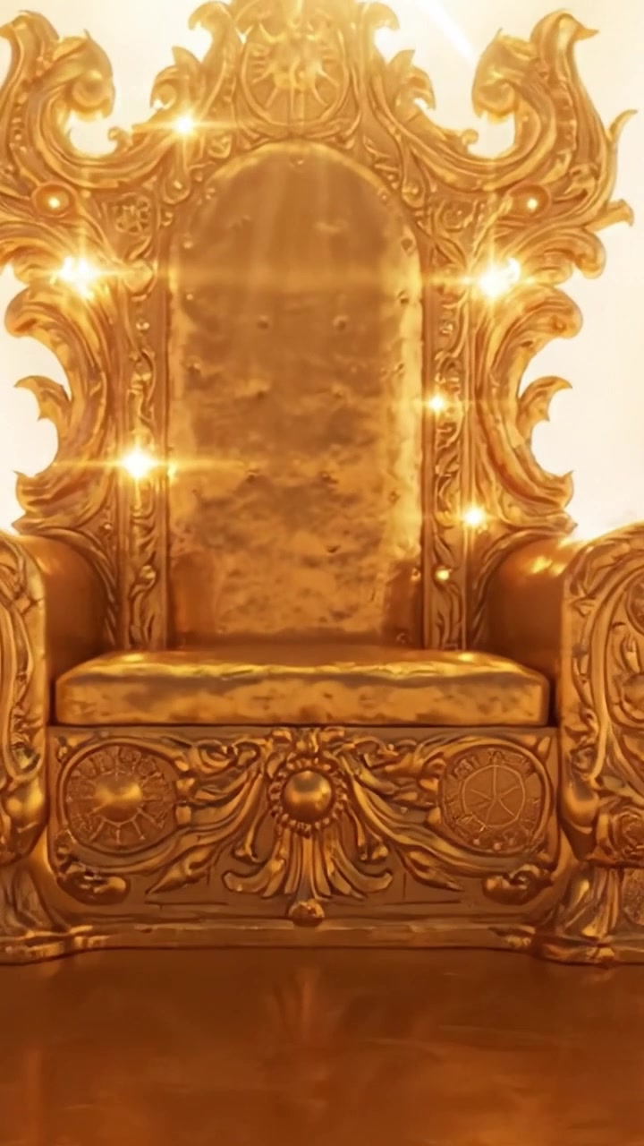 Un maestoso trono dorato che esibisce opulenza in mezzo a un etereo paesaggio nuvoloso, emanando luce calda e simboleggiando grandezza e regalità.