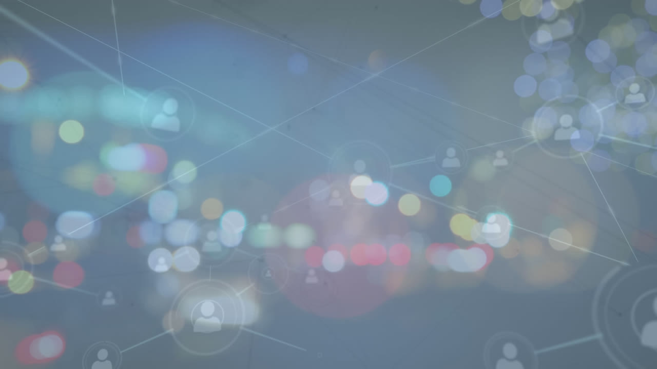 Animation of network of connections over icons and cityscape