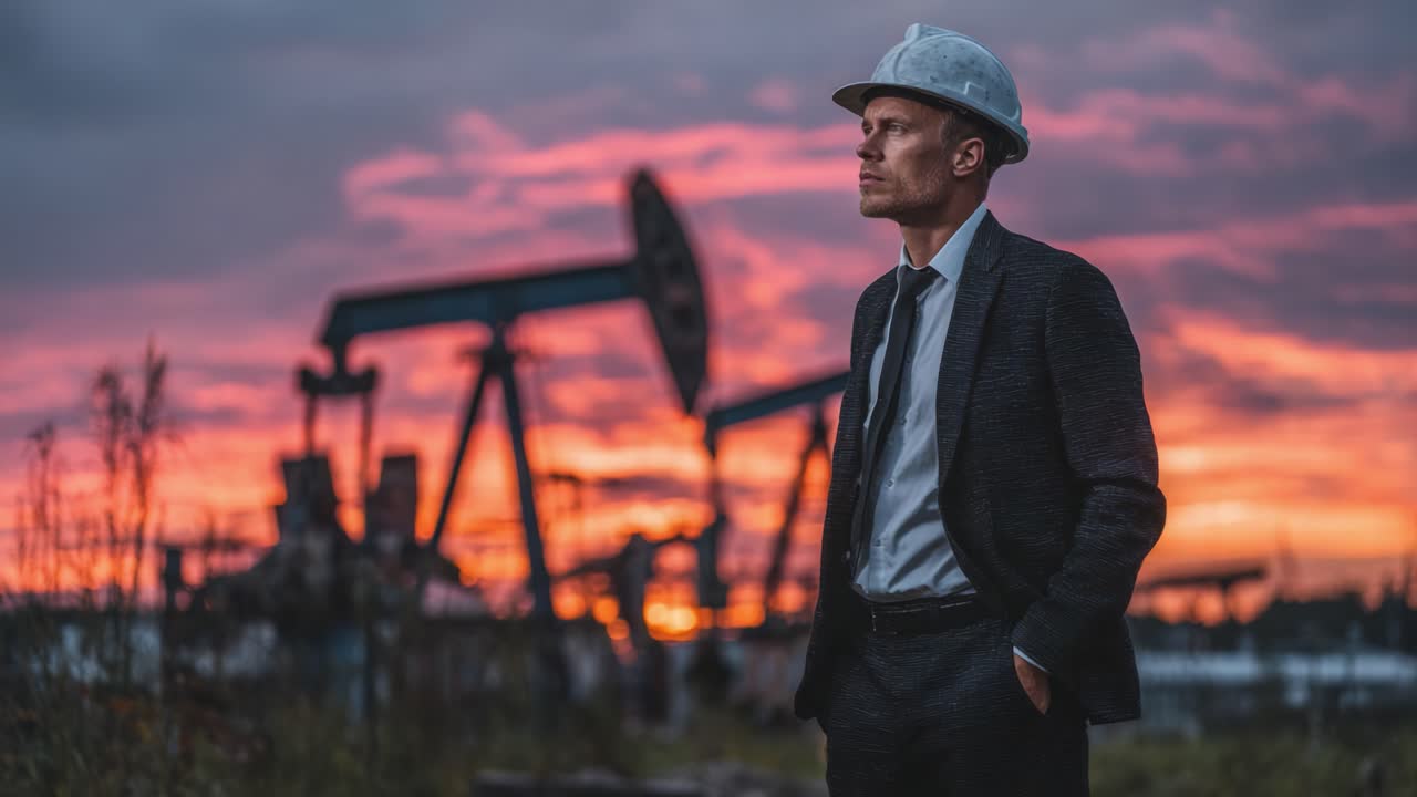 A contemplative professional, standing confidently in a business suit and safety helmet, gazes toward the horizon as sunset colors illuminate an oil drilling site