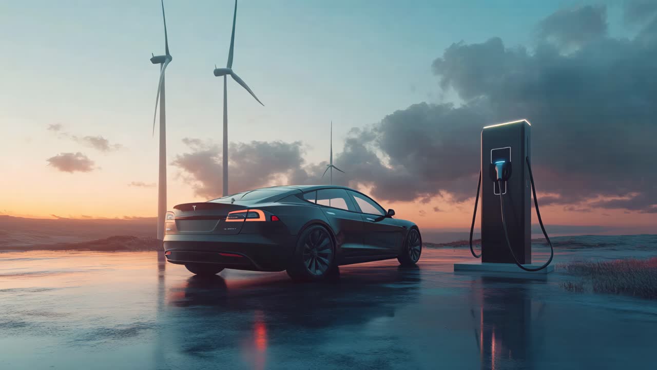 Electric Car Charging at Sunset with Wind Turbines