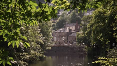 distant country houses and cars passing bridge across from woodland lake view