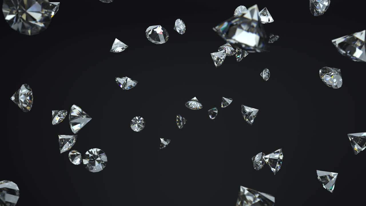 검은색 배경에 반이는 다이아몬드가 떨어지는 3d 애니메이션