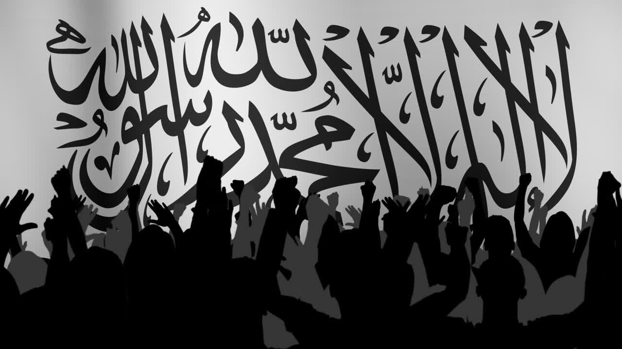 Animation of flag of taliban over people with raised hands