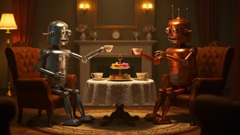 A Charming Afternoon Tea with Robots: Two Friendly Automatons Enjoying Tea and Sweets in a Cozy Vintage Living Room Setting