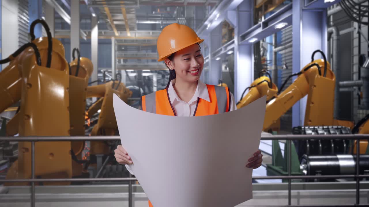 Asian Female Engineer With Safety Helmet Looking At Blueprint In Her Hands And Looking Around While Standing With Industrial Robotic Arms Working