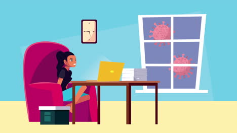mujer en la escena del salón quedarse en casa animación de campaña