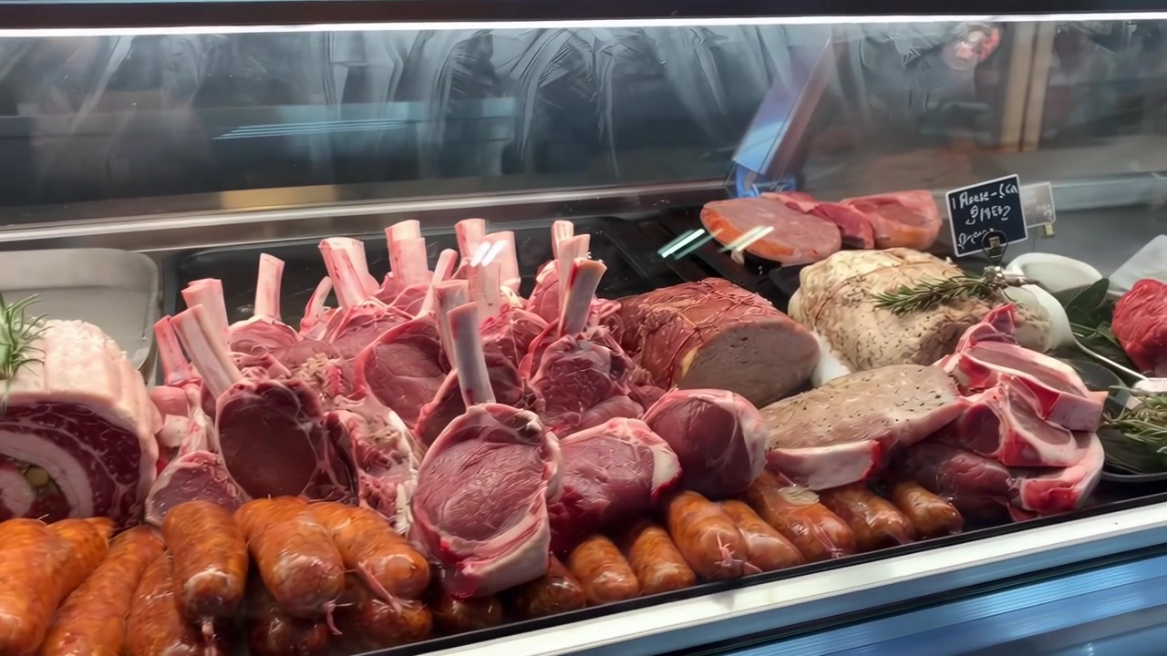 Assortiment van verse rauwe vleeswaren en worsten in een slagerijvitrine