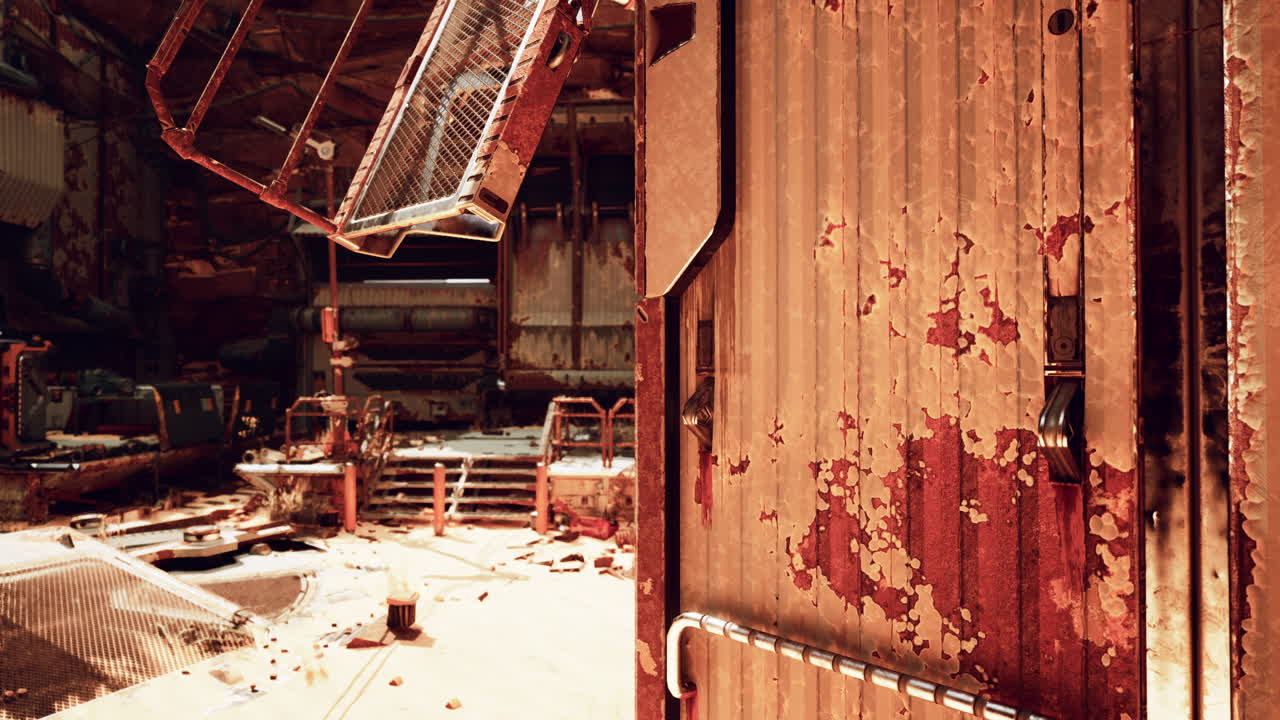 얼룩진 문이 있는 버려진 산업 건물