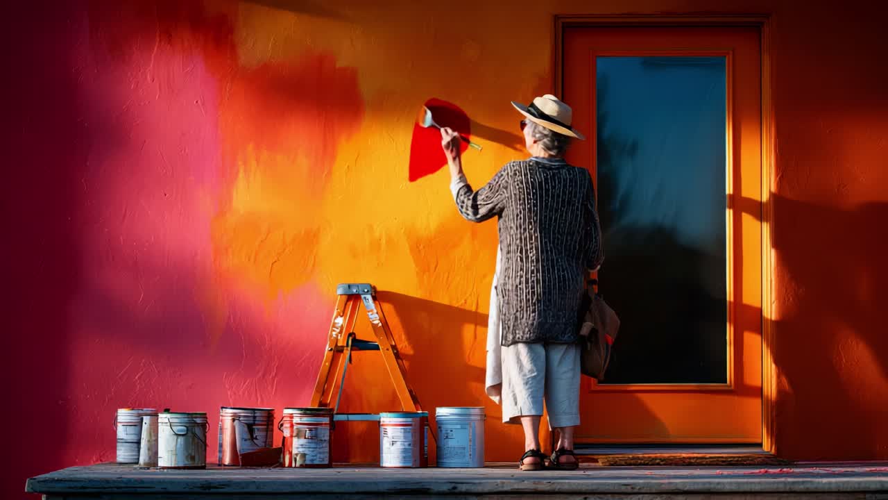 A Creative Journey in Color: An Individual Painting a Vibrant Wall Transformation with Bold Hues, Capturing Artistic Expression Through Unique Color Choices and Techniques