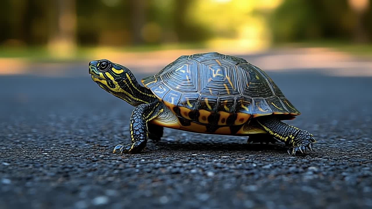Turtle crossing a sunny road. A turtle slowly makes its way across a deserted road surrounded by greenery under bright sunlight.
