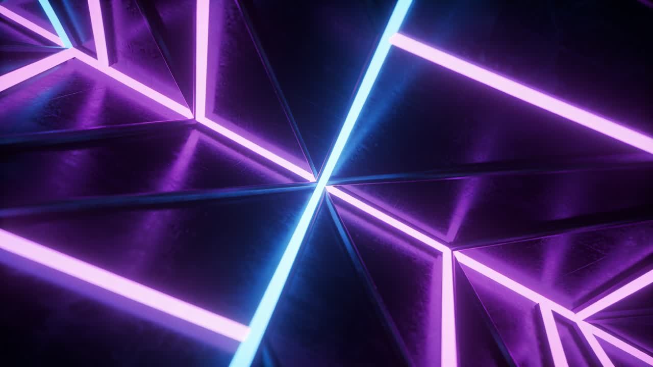 Linea ciano che si illumina causando triangoli tassellati che luccicano in una stanza buia, bagliore magenta in loop