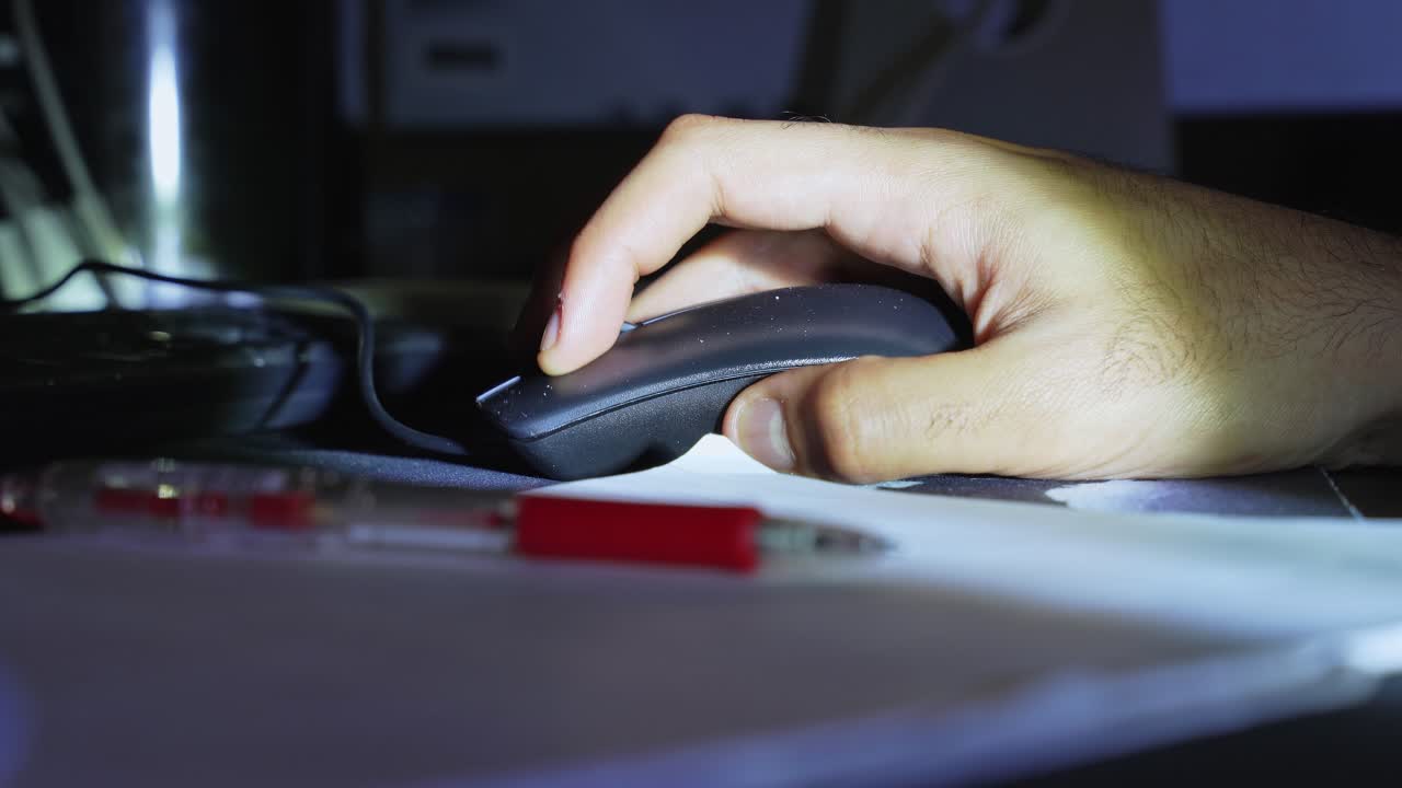 Una mano che usa un mouse del computer su una scrivania con carta e una penna rossa in condizioni di scarsa illuminazione, creando una scena di uno spazio di lavoro interno focalizzato con una profondità di campo ridotta.