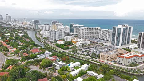 aerial view of miami beach florida usa, beachfront towers, buildings and street traffic