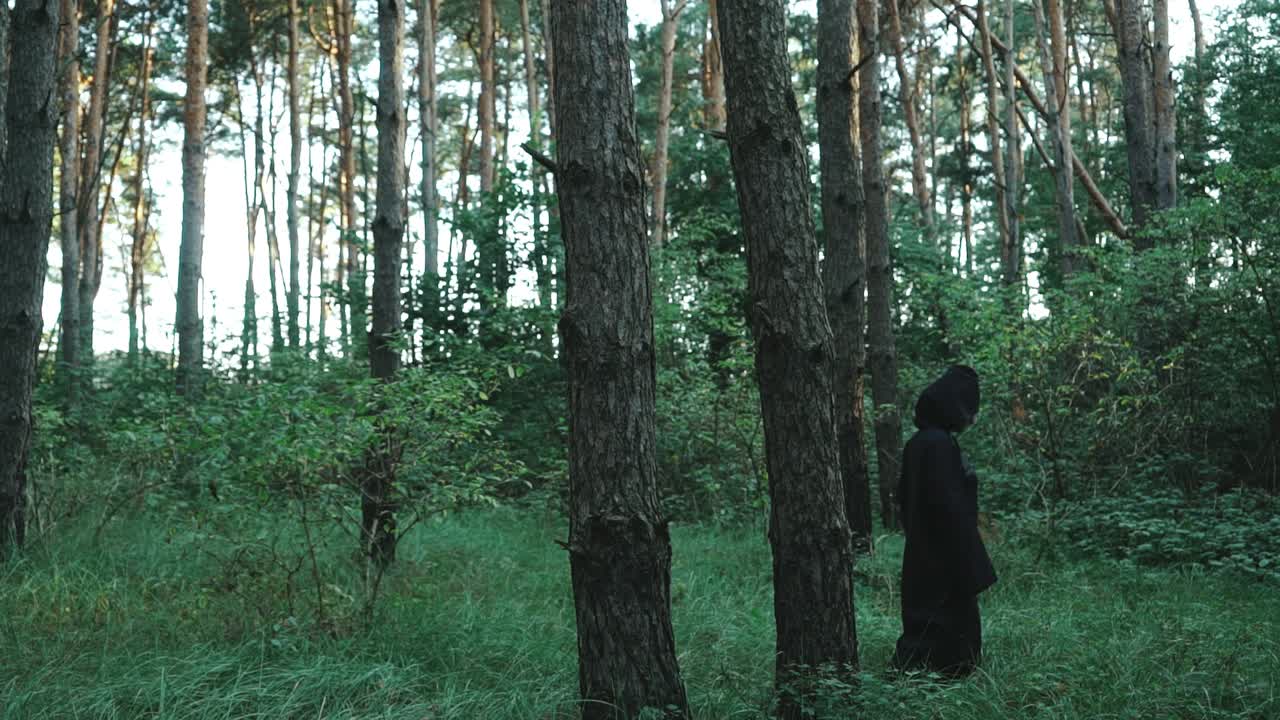 Evil witch hooded creature walking across forest. Halloween costume