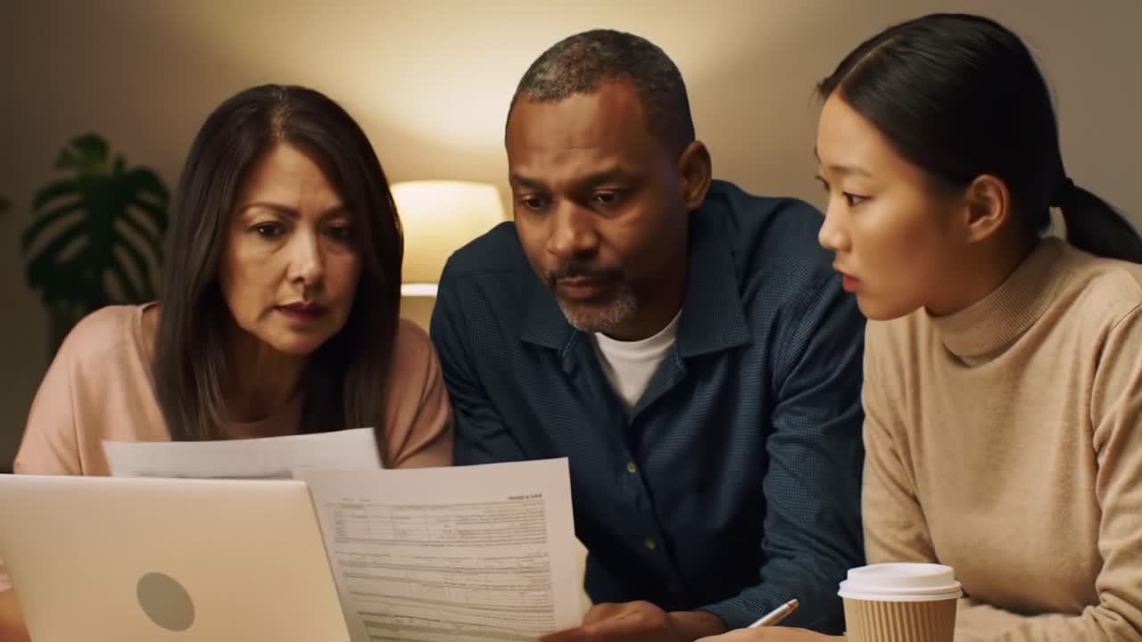 Three Individuals Analyzing Documents Together in a Cozy Indoor Setting, Fostering Collaborative Discussion and Engagement Around Important Papers