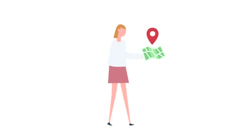 flat cartoon colorful woman character animation. girl female walk cycle with  map location pin situation