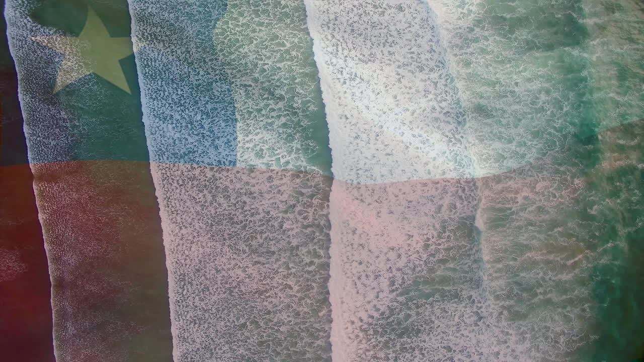 Digital composition of waving chile flag against aerial view of sea waves