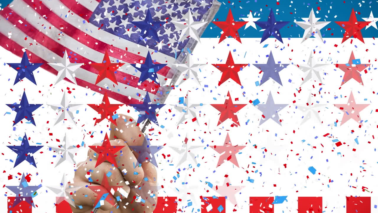 Animación de estrellas, la bandera y los colores rojo, blanco y azul de los Estados Unidos de América.
