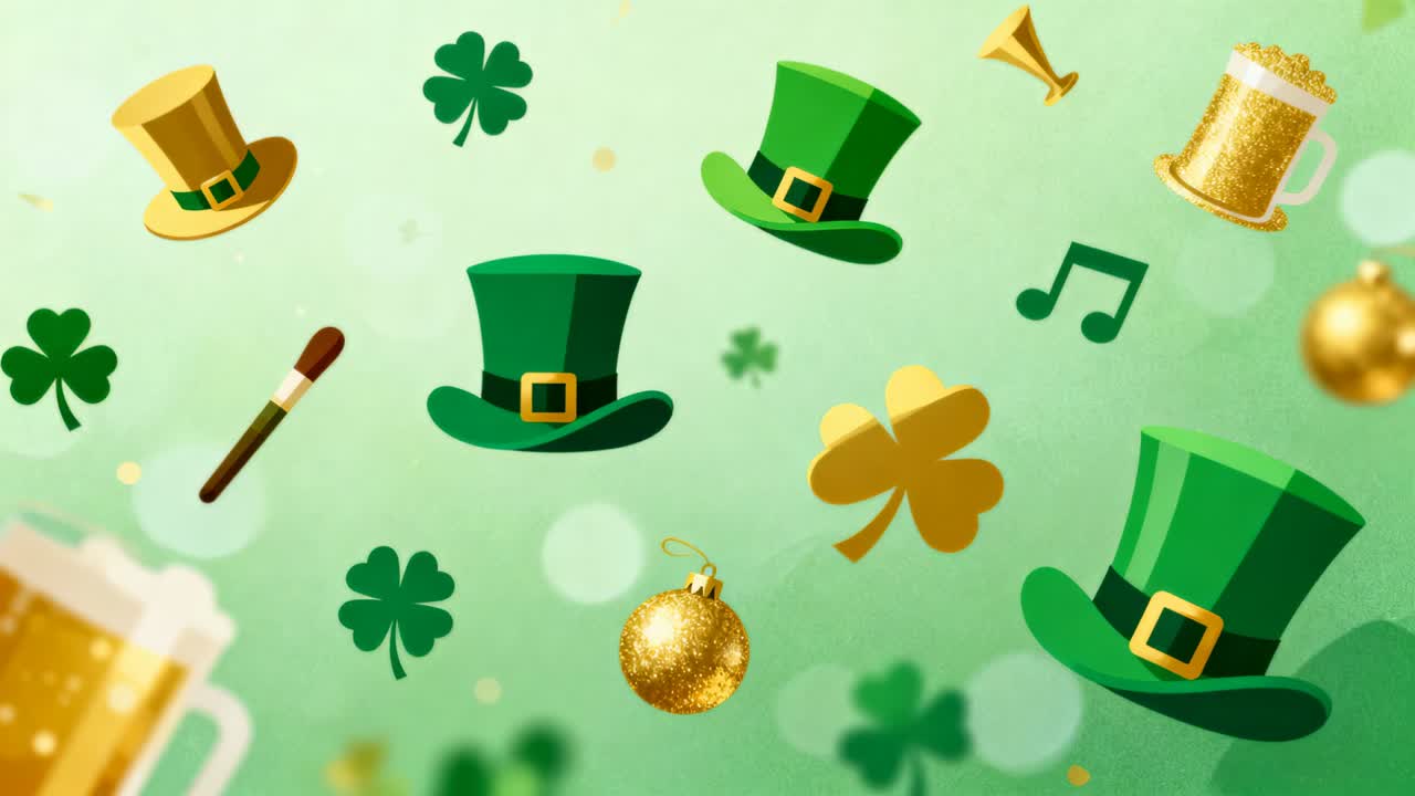 Starting animation, green top hats and shamrocks drifting across soft gradient for festive display