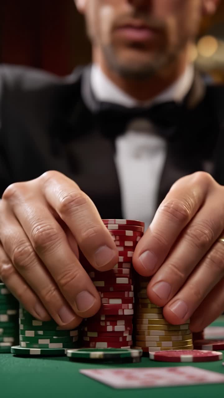A Gambler's Elegance: Intense Focus and Strategy Unfolds at the Poker Table with Colorful Chips Stacked High, Capturing the Thrill of the Game