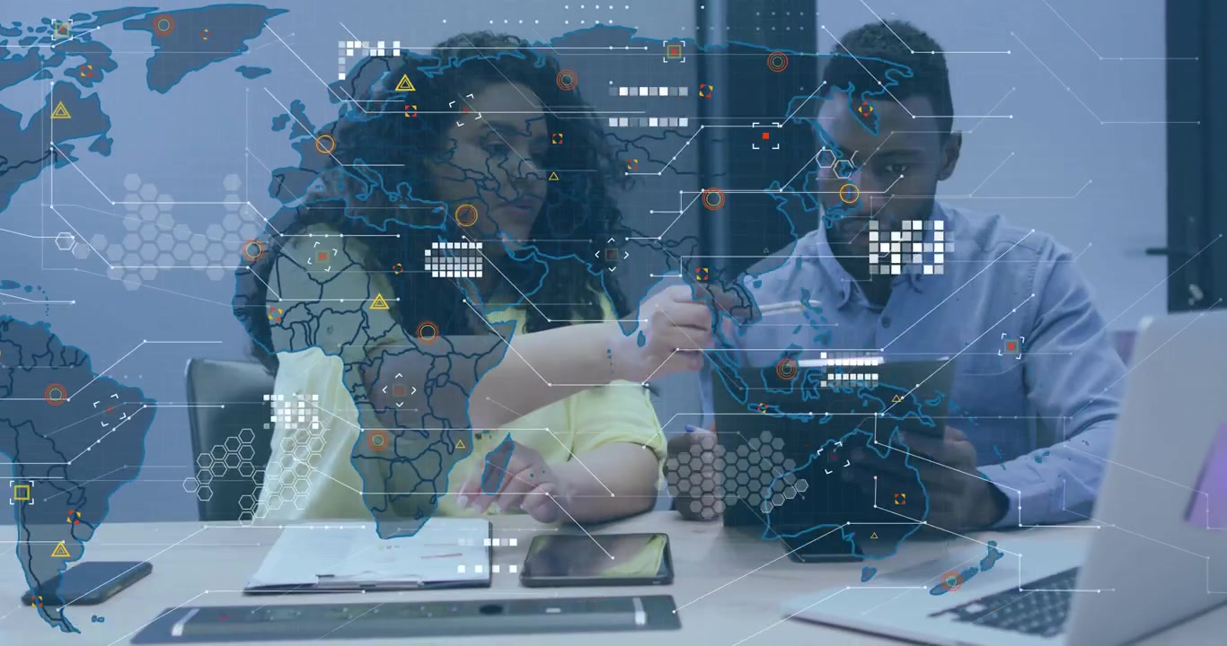 Business colleagues scrolling tablet activating 3D map while pointing clusters and reviewing data